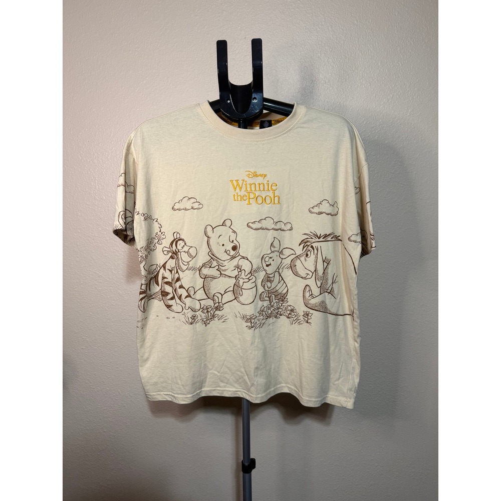 Disney Winnie the Pooh Beige Graphic T-Shirt Sketch Art Embroidered Logo Large